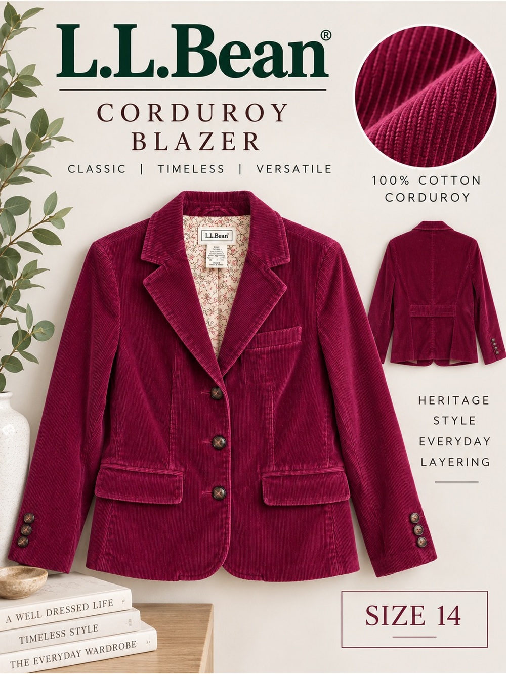 L.L.Bean Corduroy Blazer Jacket Size 14 Petite Berry Wine Cotton Cottagecore